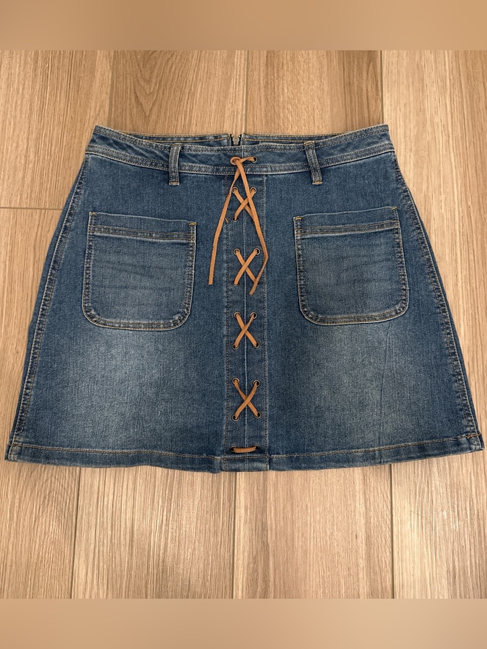 Vintage New York & Company Blue Denim Lace-Up Front Mini Skirt